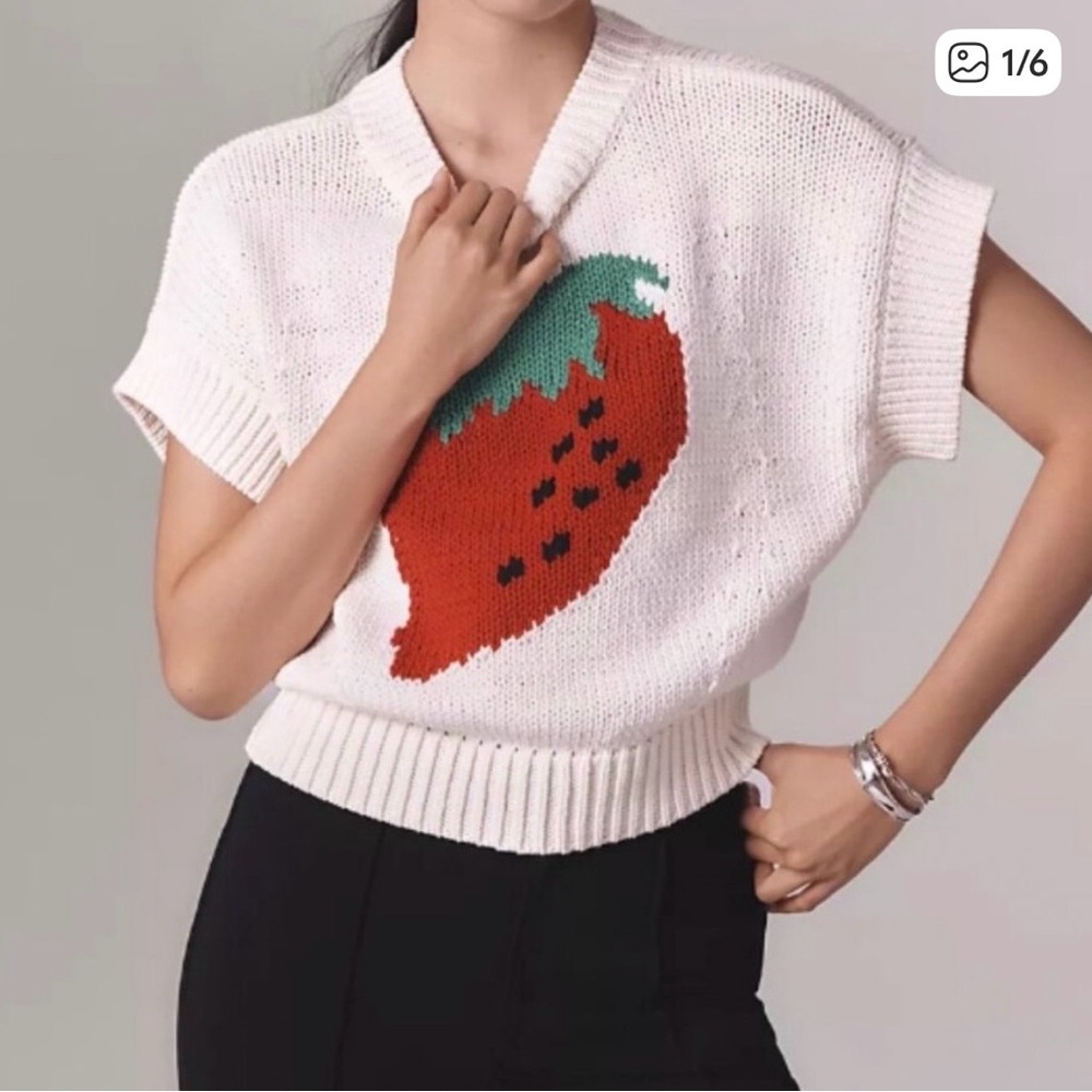 Anthropologie Cream Sweater with Strawberry Design